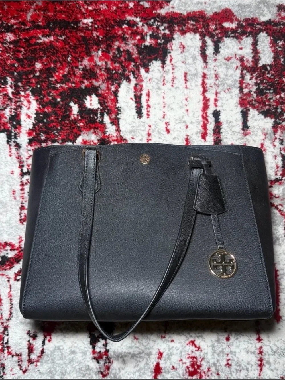 Tory Burch Black Leather Tote with Gold Logo Charm